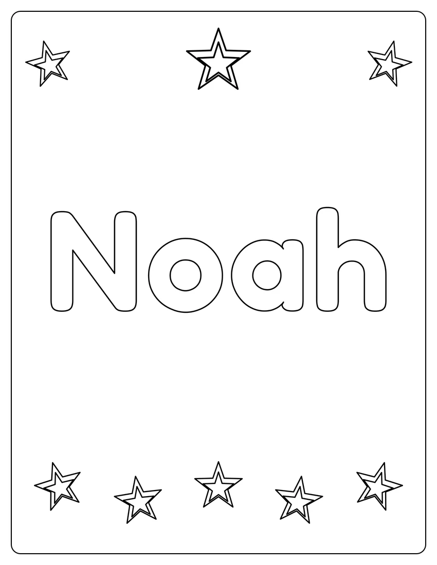 Noah name coloring page with superstar name and open outlined letters