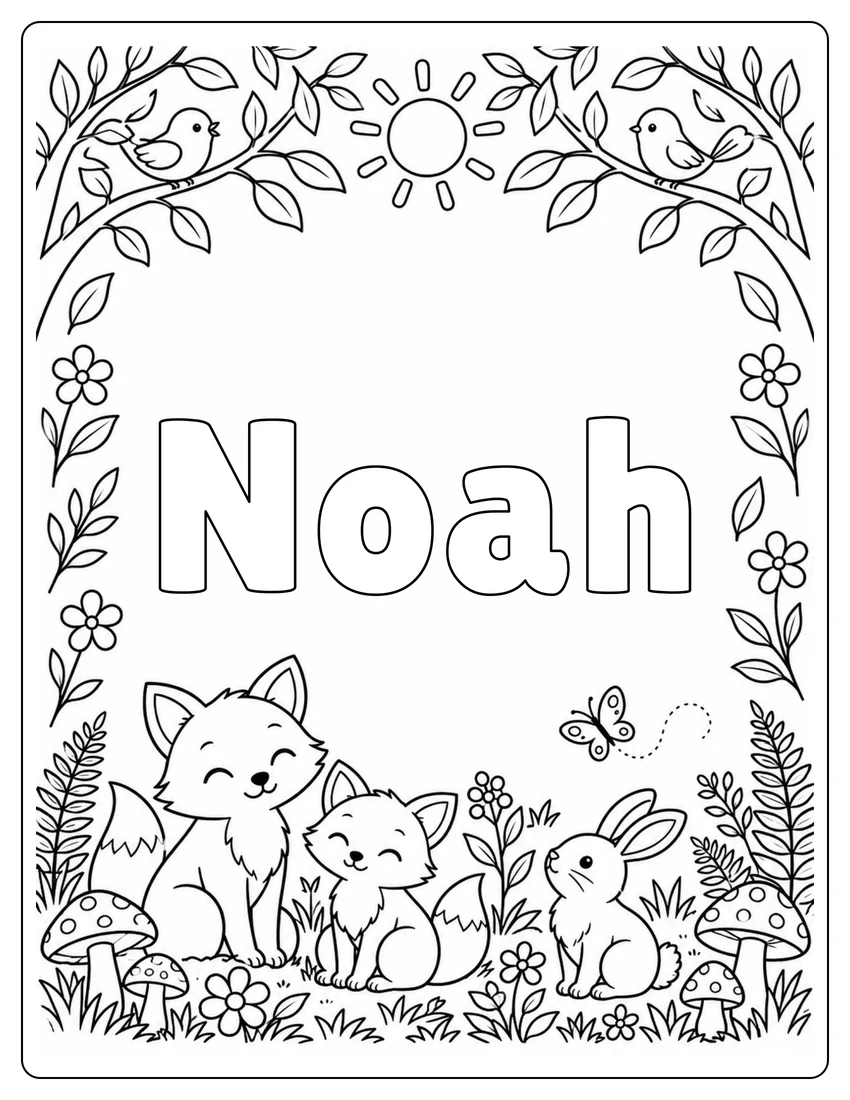 Noah name coloring page with woodland name and open outlined letters