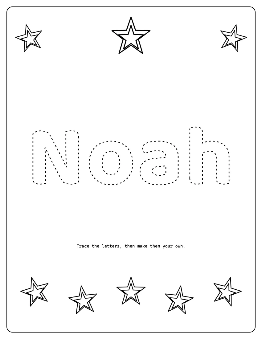 Noah name coloring page with decorative name tracing and dashed letters