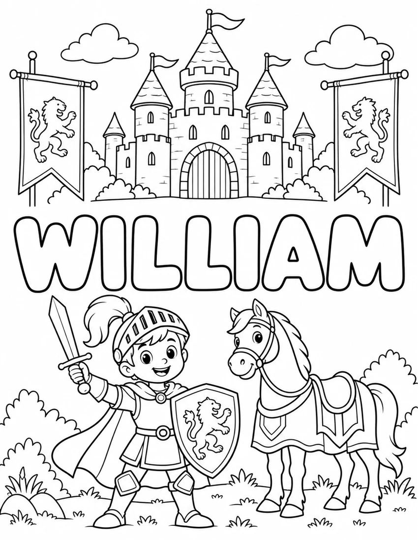 WILLIAM in hollow bubble letters with castle, friendly knight and banner flags
