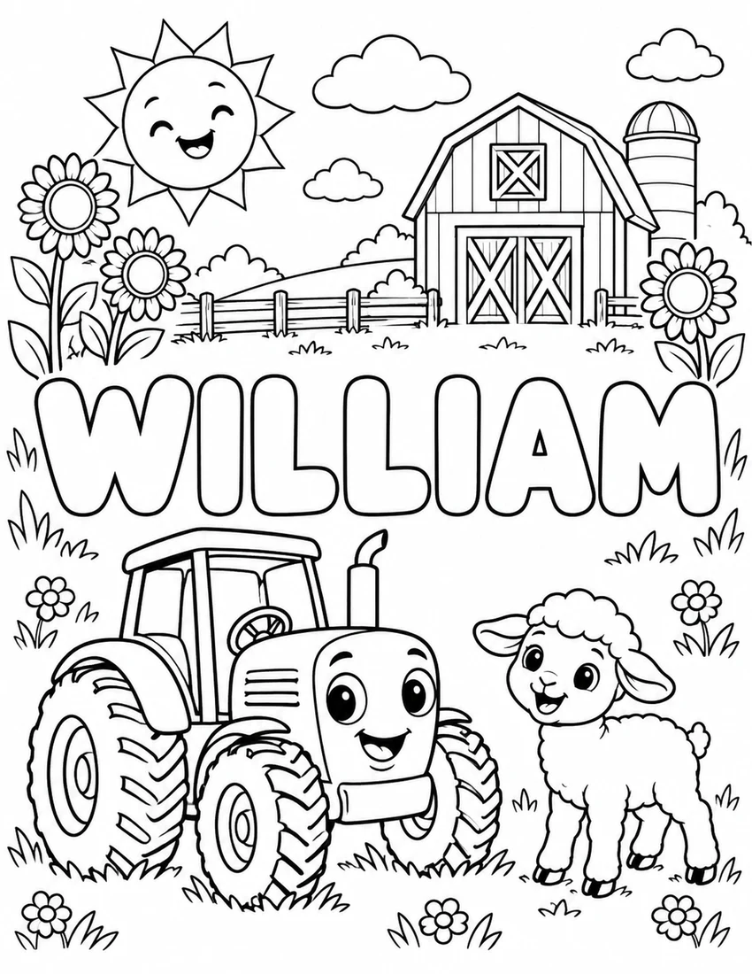 WILLIAM in hollow bubble letters with farm tractor, lamb, barn and sunflowers