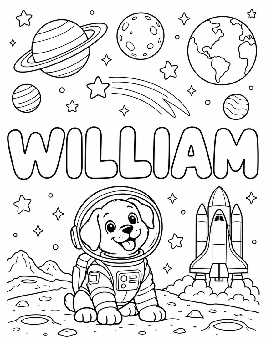 WILLIAM in hollow bubble letters with space shuttle, astronaut puppy and distant planets