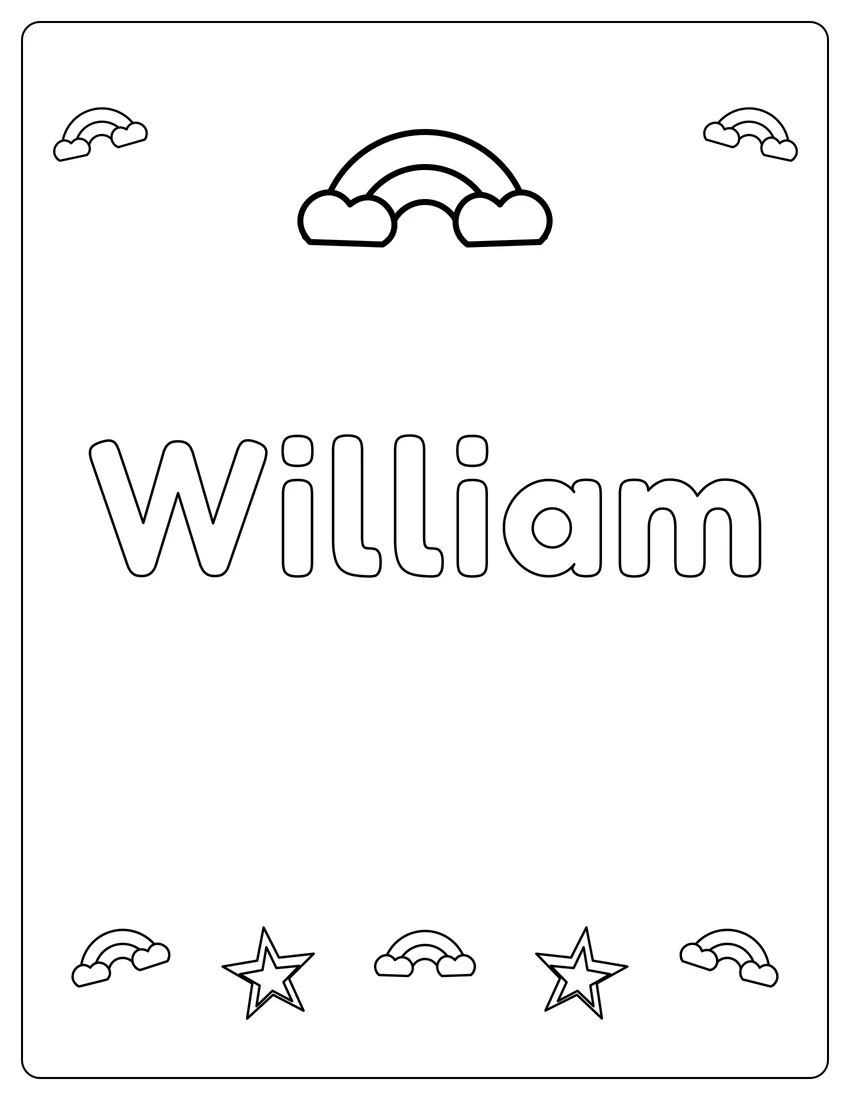 William name coloring page with rainbow bubble letters and open outlined letters