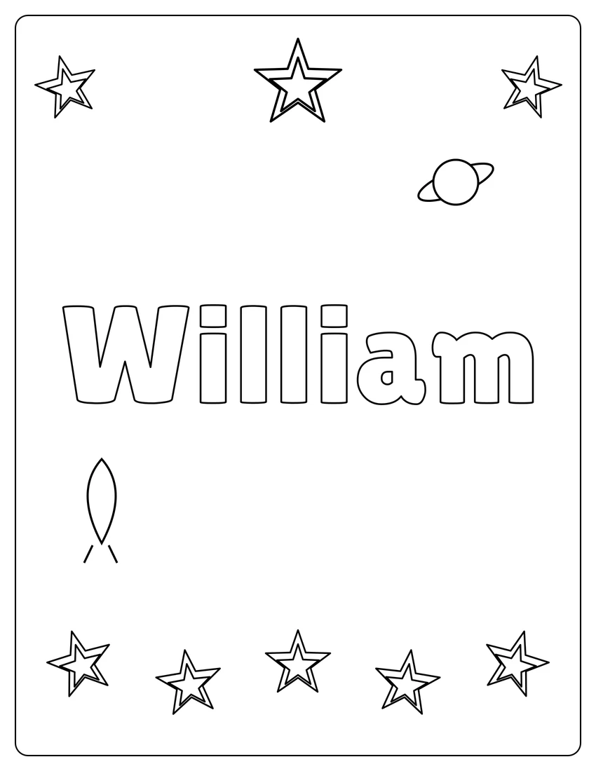 William name coloring page with space & planets and open outlined letters