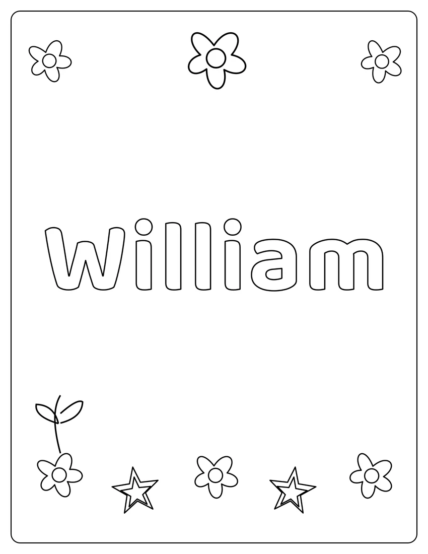 William name coloring page with flower garden and open outlined letters