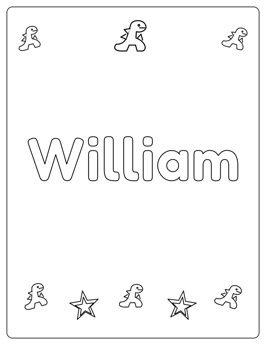 William name coloring page with dinosaur friends and open outlined letters
