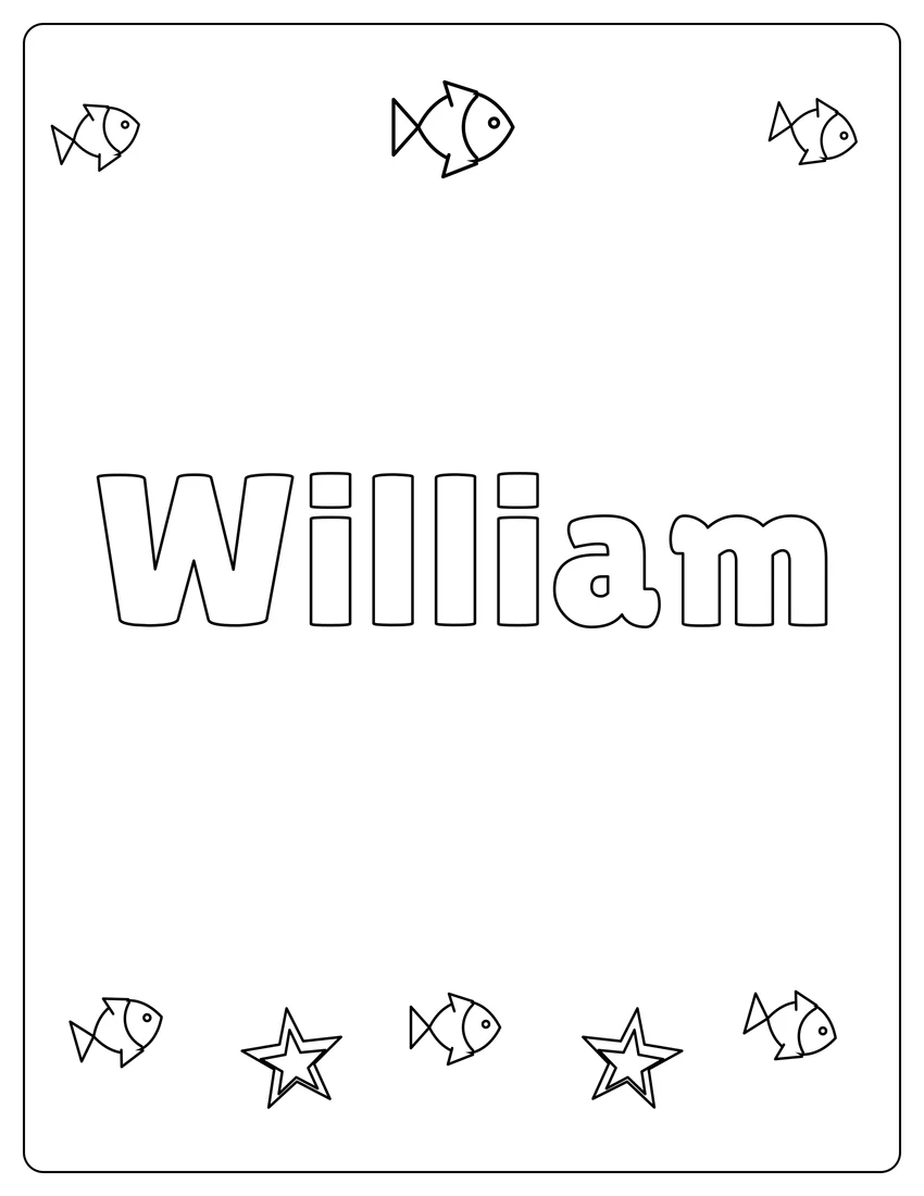 William name coloring page with under the sea and open outlined letters