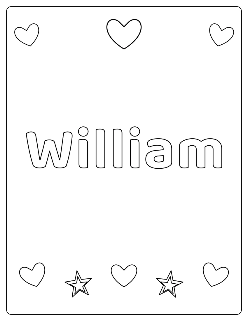 William name coloring page with hearts & love and open outlined letters