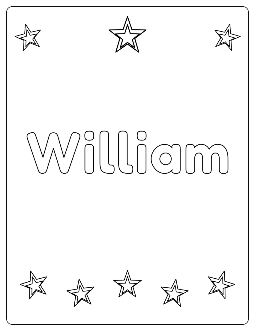 William name coloring page with superstar name and open outlined letters