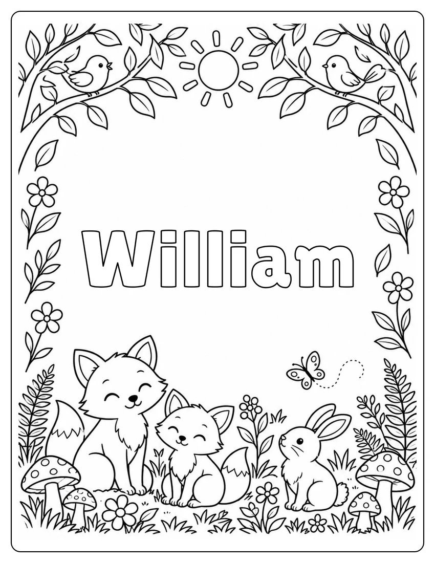 William name coloring page with woodland name and open outlined letters