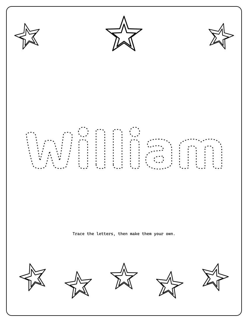 William name coloring page with decorative name tracing and dashed letters
